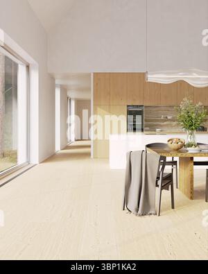 Modern home interior with kitchen, dining area and floor to ceiling window for renovation background. 3d rendering. Stock Photo