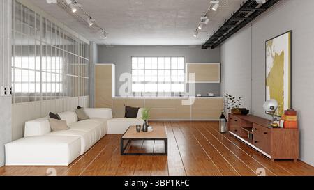 Industrial modern loft living room and kitchen interior with concrete walls, wood floor, and large white sofa. 3d rendering for real estate. Stock Photo