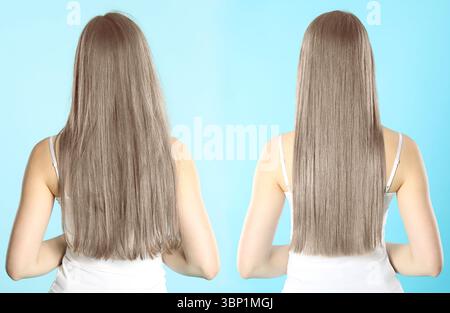 Hair combing, straightening. Woman showing hairstyle before and after different procedures on light blue background, back view. Collage with photos Stock Photo