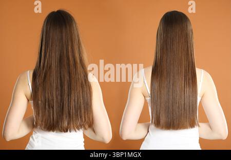 Hair combing, straightening. Woman showing hairstyle before and after different procedures on brown background, back view. Collage of photos Stock Photo