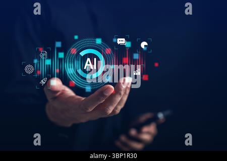 AI technology for business innovation, startup development, data analysis, and goal targeting Stock Photo