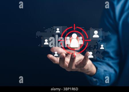 Customer relationship management CRM strategy concept with target audience and human over global Stock Photo