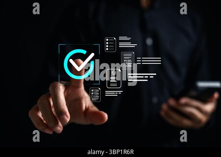 Online survey and digital form verification with approval workflow system, highlighting smart data processing, secure document management, and seamles Stock Photo