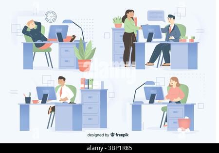 Hand drawn busy office illustration Stock Vector