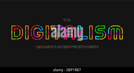 Digital colorful alphabet, vibrant linear sans serif lettering, futuristic puzzle font for kids zone game logo, bright cosmic headline, robotic techno Stock Vector
