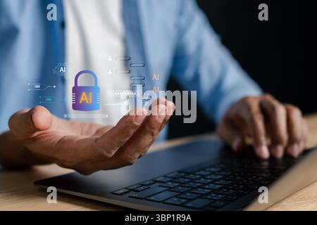 AI cybersecurity concept digital padlock and data protection icons. secure artificial intelligence, privacy technology, firewall system, and threat de Stock Photo