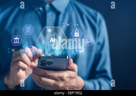 AI technology in daily use through smartphone applications, supporting smart communication, cloud Stock Photo