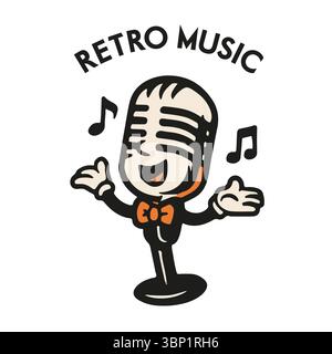 Retro Cartoon Microphone. Vintage Music Line Illustration. Minimalist retro-style cartoon microphone isolated on white background. Perfect for jazz, r Stock Vector