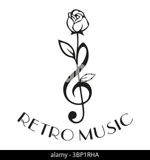 Treble Clef and Rose. Retro Music Line Illustration. One-color stylized treble clef with a rose and foliage, paired with “Retro Music” text. A gracefu Stock Vector