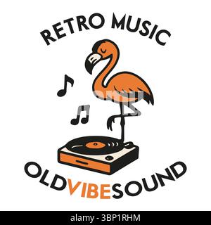 Flamingo on Turntable. Retro Cartoon Music Illustration. Stylized flamingo perched on a vinyl record player, drawn in a fun, vintage cartoon style. Gr Stock Vector