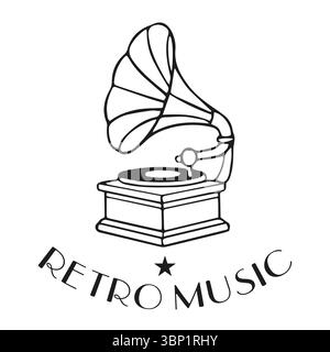 Gramophone Retro Music Typography. Vintage Monochrome Line Illustration. Minimalist line drawing of a gramophone with the words “Retro Music,” inspire Stock Vector
