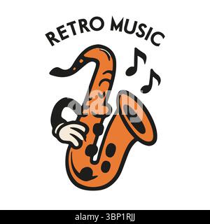 Retro Cartoon Saxophone. Vintage Jazz Instrument Illustration. Stylized cartoon saxophone in retro vintage style, one-color line art ideal for jazz de Stock Vector