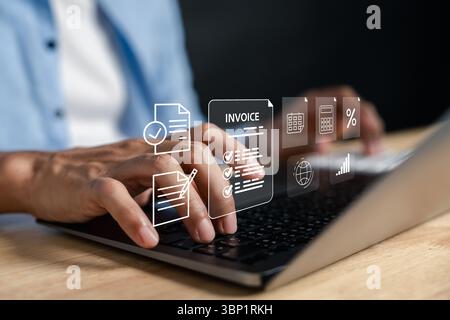 Online invoice processing, financial calculation, budgeting, payment management, and business Stock Photo