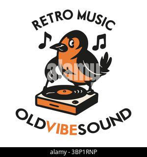 Bird on Turntable. Retro Cartoon DJ Illustration. Cute bird standing on a vintage turntable in a playful retro cartoon style. Ideal for music themes, Stock Vector