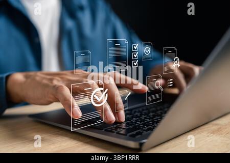 Digital checklist, online form, document approval, certificate assurance, e-signature system Stock Photo