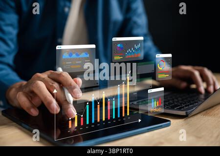 Chart analysis and workflow management with digital data dashboard, project tracking, business Stock Photo