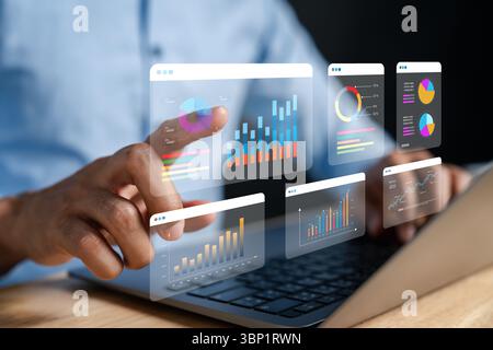 Data analyzing and stock market visualization with digital charts, financial dashboards, and performance metrics. Ideal for investment analysis, tradi Stock Photo