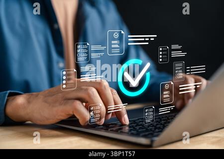 Digital checklist and survey questionnaire with document verification and task tracking, online form Stock Photo