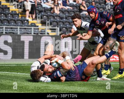 Kyle Feldt of St Helens scores a try during the Betfred Super League