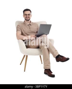 Professional psychologist having online consultation with his client via laptop on white background Stock Photo