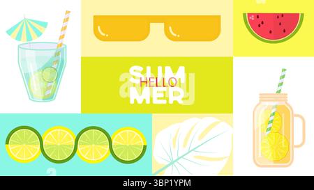 Hello summer colorful banner design. Horizontal poster, greeting card, label or flyer. Modern abstract design with fruits and juices. Vector illustrat Stock Vector