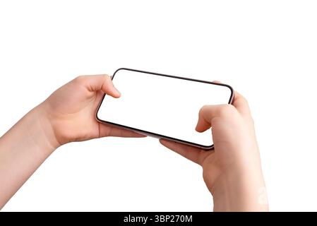 Close-up of a smartphone in gaming position, held with both thumbs on the screen. Isolated display and background, perfect for showcasing horizontal a Stock Photo