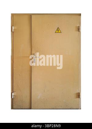 Old metal doors wits high-voltage sign is isolated on white background. Stock Photo