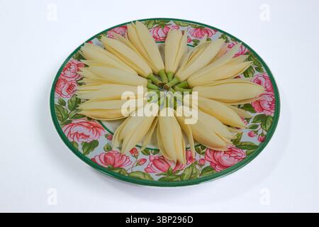 Fragrant white champak flowers in circle on vintage ceramic plate with pink floral pattern. Spa style, elegant and natural calm mood. Stock Photo