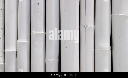 Eco-friendly White painted vertical bamboo wall texture. Minimalist natural interior design perfect for backgrounds or spa-inspired themes. Stock Photo