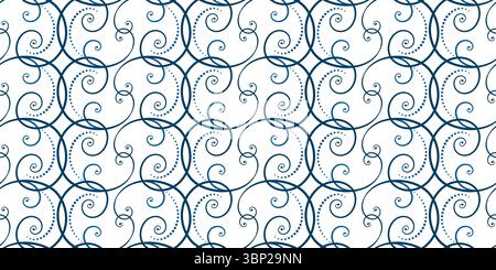 Seamless pattern of blue curls on white background. Frost pattern on the window. Ornament in ethnic style. Monochrome ornamental background of swirls. Stock Vector
