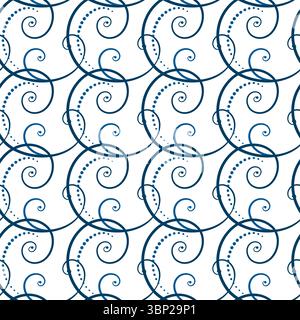 Cozy seamless pattern of blue curls on white background. Frost pattern on the window. Ethnic ornament in nordic style. Monochrome ornamental backgroun Stock Vector