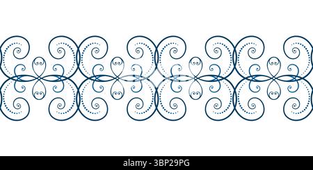 Seamless border of blue curls on white background. Frost pattern on the window. Ethnic folk ornament in nordic style. Monochrome ornamental background Stock Vector
