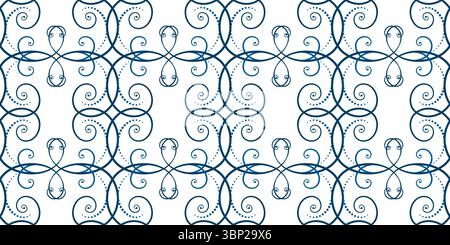 Seamless pattern of blue curls on white background. Frost pattern on the window. Geometric ornament in ethnic style. Monochrome ornamental background Stock Vector