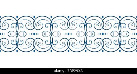 Ornamental seamless border of blue curls on white background. Frost pattern on the window. Ethnic folk ornament in nordic style. Monochrome background Stock Vector