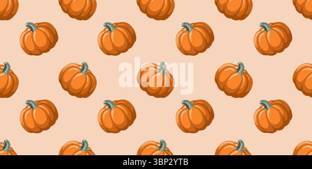 Seamless autumn pattern with cartoon orange pumpkins on beige background. Halloween time. Fall season vector background Stock Vector