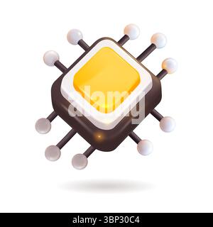 AI chip with yellow light inside, made in a 3D realistic style, cartoon design, from 3D plastic with glossy highlights Stock Vector