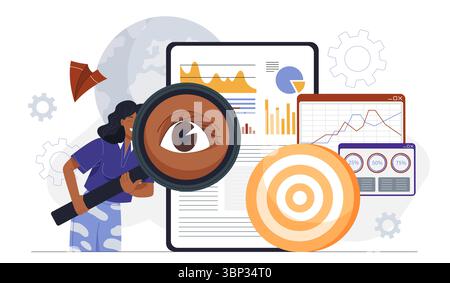 Business big data analysis. Woman with magnifying glass near business with statistics and infographics. Financial management. Budgeting and accounting Stock Vector