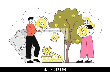 Money accumulation concept. Man and woman with gold coins near jar. Budgeting and accounting. Financial literacy and passive income. Savings and Stock Vector