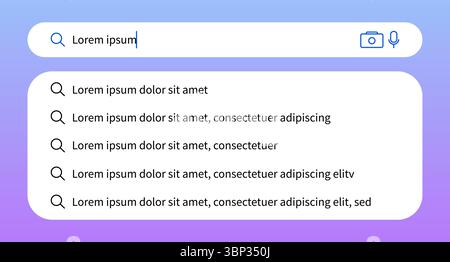 Internet browser template. Browser with searching bar. Searching for information on Internet. Websites and webpages. Interface for mobile application Stock Vector