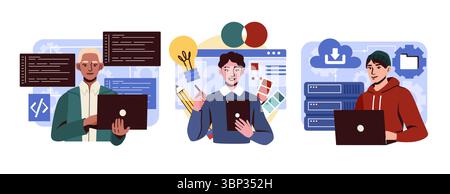 People in IT set. Men with laptops write code, develop programs and applications, website pages. Front end and back end developers, programmers. Flat Stock Vector