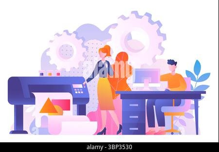 Printing industry workers. Man and woman near printer and copier. Printing house and typography. Employees print magazines and newspapers. Flat vector Stock Vector