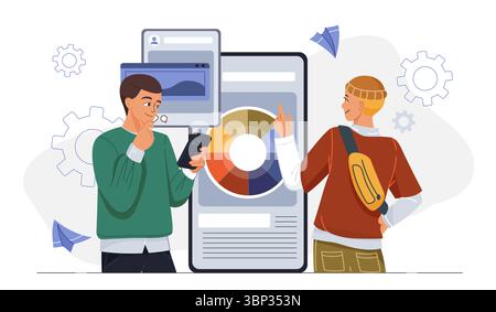 Team developing mobile app. Two men near smartphone with palette of colors. Programmers and graphic designers develop interface. Coding and Stock Vector