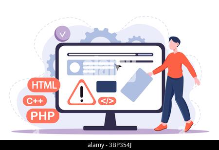 Software developer man. Young guy near computer monitor with programming languages. Coder and programmer at workplace. Backend and front end Stock Vector