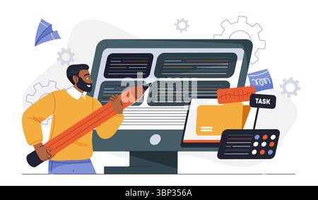 Software developer concept. Man with pencil near computer screen with code. Programmer and IT specialist write scripts. Development of applications Stock Vector