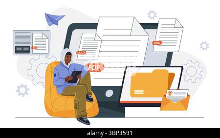 Text files formats. Man with tablet in his hands sits near computer with electronic text documents. Pdf, xls and doc. Business communication. Archive Stock Vector