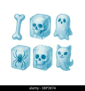 Set of Halloween Ice Cubes with Ghosts, Bones and Spiders in Watercolor Stock Photo