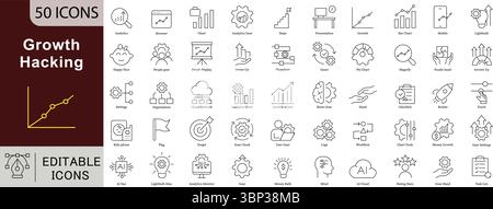 Growth Hacking Editable Line Icons Set for Startup Marketing, Business Scaling, and Digital Optimization Stock Vector