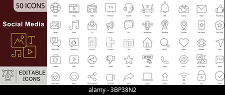 Social Media Editable Line Icons Set for Digital Communication, Online Sharing, and Network Engagement Stock Vector