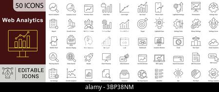 Web Analytics Editable Line Icons Set for Data Tracking, SEO Performance, and Digital Insights Stock Vector