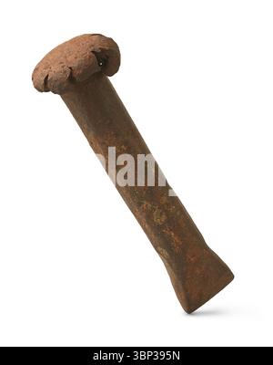 close-up of old heavy worn rusted metal chisel isolated white background, hand tool of rough pitted surface and blunted chipped edge from extensive Stock Photo